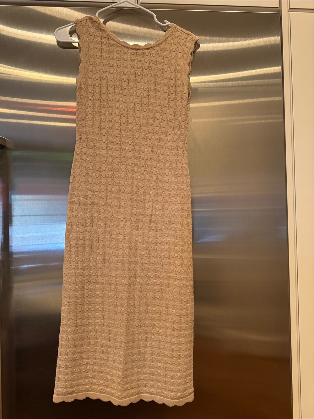 Halogen Beige Sleeveless Scallop-Edge Knit Midi Dress, The back scoops down